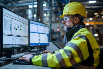 A factory worker monitoring production metrics and data on a computer screen, analyzing trends and making data-driven decisions to optimize productivity.