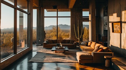 Fototapeta premium Mexican Style Living Room With A Cactus And Necessities And A Beautiful Outside Nature View