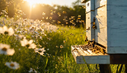 A swarm of bees flying around the hive after a day of collecting nectar from flowers