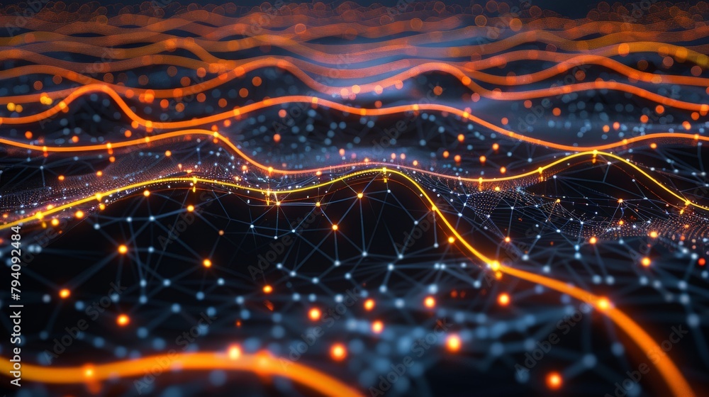 Poster a network of glowing nodes pulsing with rhythmic waves, reminiscent of sound waves or a digital hear