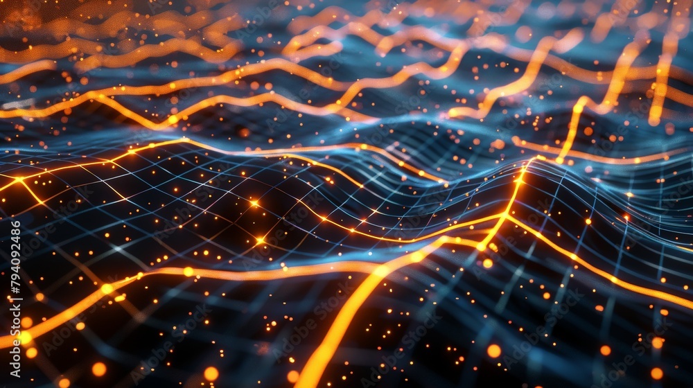 Poster a network of glowing nodes pulsing with rhythmic waves, reminiscent of sound waves or a digital hear