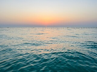 Orange sea sunset, orange sea horizon, sunshine, evening warm light