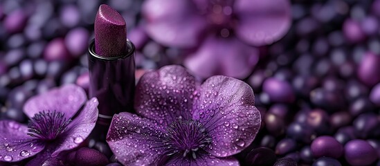 dark purple lipstick and flowers.  - obrazy, fototapety, plakaty