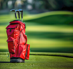 Close up shot of a clean new red golf bag on golf course with room for text or copy space
