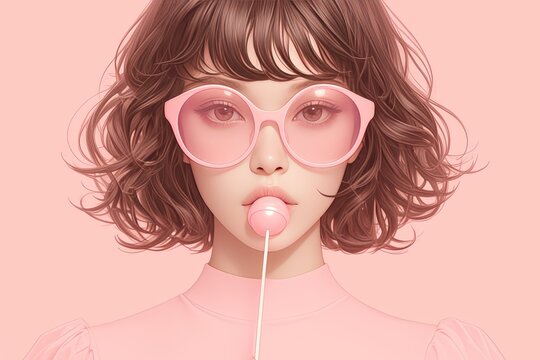woman with short hair in pink sunglasses, holding lollipop