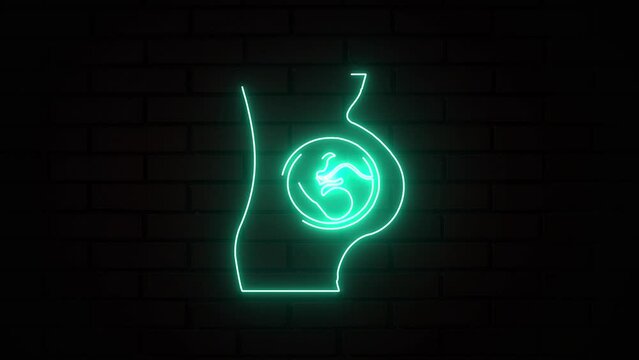 Glowing blue neon prenatal human child with placenta silhouette isolated on brick wall. Human fetus