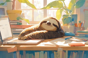 Fototapeta premium sloth sitting at the table with laptop, smiling in the style of cute, funny