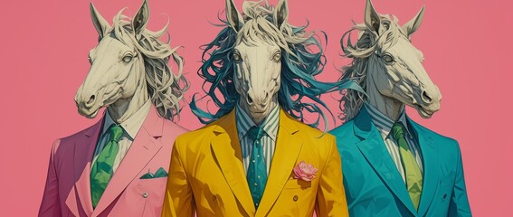 photography of three men in colorful suits with unicorn masks against a pink background