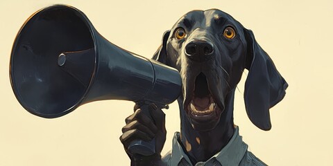 A dog holding up an open megaphone with its mouth, shouting into it. The background is plain and neutral to highlight the subject.  - obrazy, fototapety, plakaty