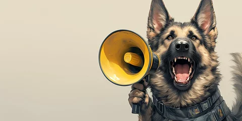 Fotobehang photorealistic photo of A dog holding up an open megaphone with its mouth, shouting into it. © Photo And Art Panda