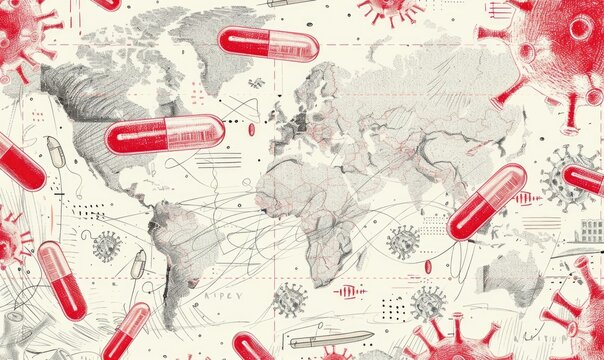 An illustrated conceptual representation of a global pandemic