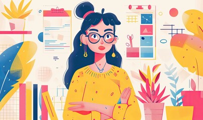 A stylized illustration of a young woman with glasses in a creative workspace