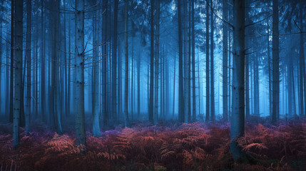 A forest with trees and a red and blue field