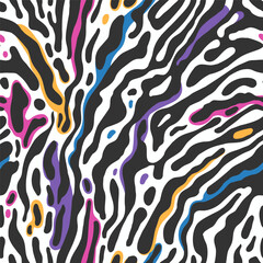 Zebra print seamless pattern with color splashes. Abstract pattern in modern color palette. Suitable for for apparel, textile, wrapping paper, etc.
