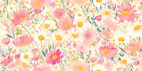 pink daisies and coral chrysanthemums on a patterned background, seamless wallpaper