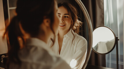 Happy businesswoman looking herself in mirror while getting dressed in hotel room.

