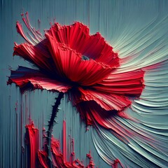 A vivid red poppy with dramatic brush strokes against a cool-toned blue background with abstract motion texture