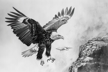 Detailed wildlife drawing, Eagle in flight, Catching prey in sharp talons, Moment of triumph