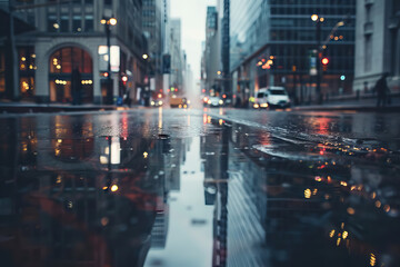 Fototapeta premium Urban scene, Rainy day in the city, Reflections on wet streets, Moody atmosphere