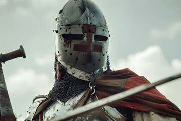Naklejka premium Historical reenactment, Medieval knights jousting, Authentic armor and lances, Intense competition