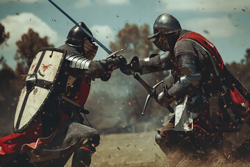 Historical reenactment, Medieval knights jousting, Authentic armor and lances, Intense competition - obrazy, fototapety, plakaty