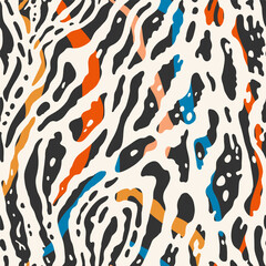 Seamless vector abstract zebra pattern in vibrant orange, deep blue, and bold black colors. Modern print for Fabric, wallpaper, wrapping paper, etc.
