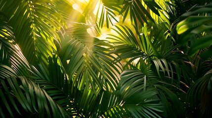 Sunlight Dances through Tropical Paradise: A Vibrant Summer Palm Leaves Backdrop - obrazy, fototapety, plakaty