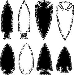 Illustration of stone arrowhead. Design element for poster, card, banner, logo, emblem. Vector illustration
