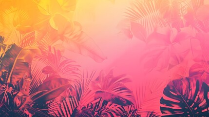 Fototapeta na wymiar Tropical Summer Silhouettes Layered Over Vibrant Sunset Gradient Abstract Background