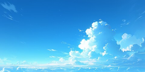 The sky is clear and blue, with white clouds floating in the upper part of the screen. The background features an anime style, creating a beautiful and dreamy atmosphere. - obrazy, fototapety, plakaty