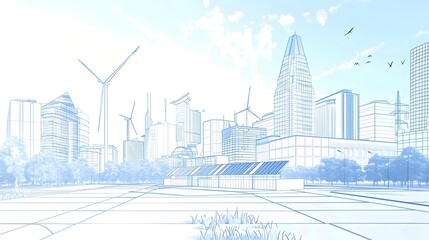 Line Sketch of a Smart City Energy Grid Emphasizing Sustainable Building Designs