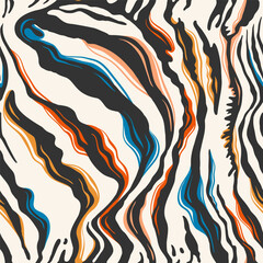 Abstract zebra print in black, orange, and blue. Seamless vector pattern for apparel, textile, wrapping paper, etc.