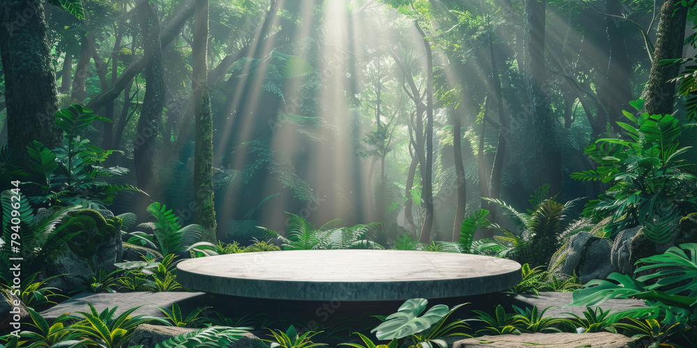 Poster sunlight streams through a dense forest canopy onto a circular stone platform surrounded by rich gre