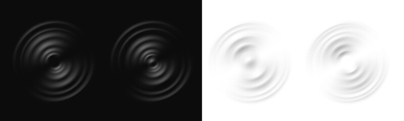 Drop or sound wave splash effects. Realistic water ripple. Round wave surfaces on black and transparent background