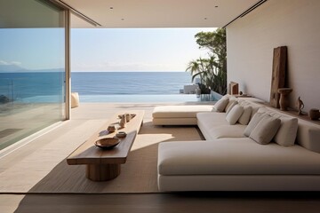 Minimalist beach house design with a simple coffee table set against a backdrop of wide, panoramic ocean vistas