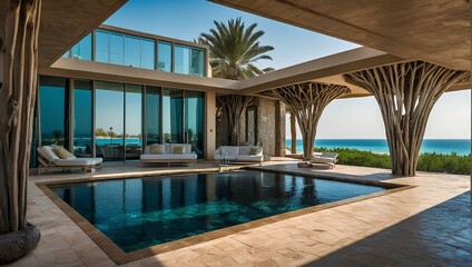 A luxurious swimming pool surrounded by large windows overlooking the ocean. The pool has a regular rectangular shape with elegant curved edges. Loungers are spread around the pool, providing the perf - obrazy, fototapety, plakaty