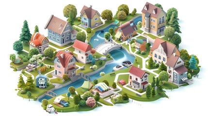 Playful 3D Isometric of a Charming Small Town with Houses and a River - obrazy, fototapety, plakaty