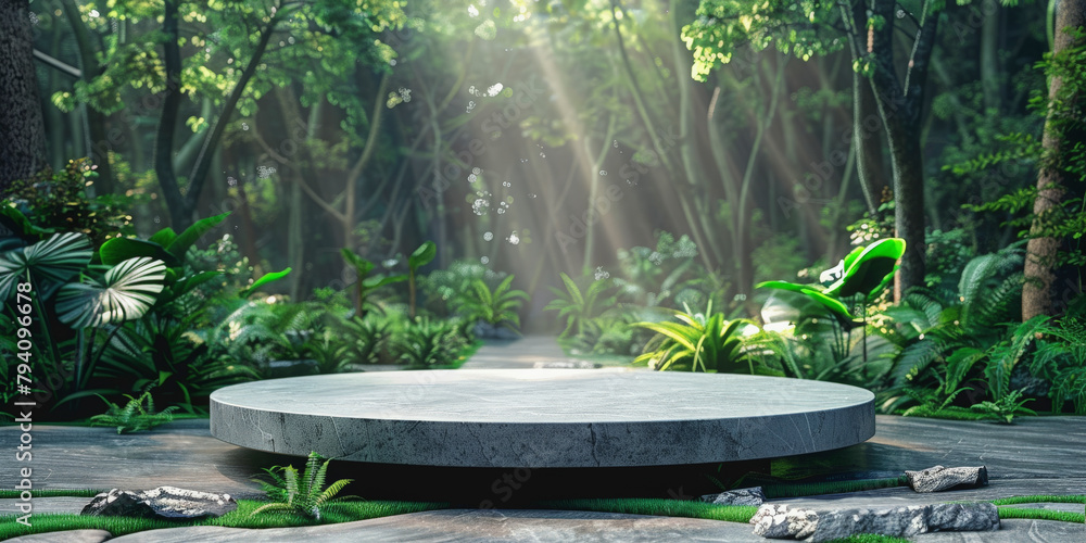 Poster a serene forest setting with lush greenery and a circular stone platform bathed in natural sunlight 