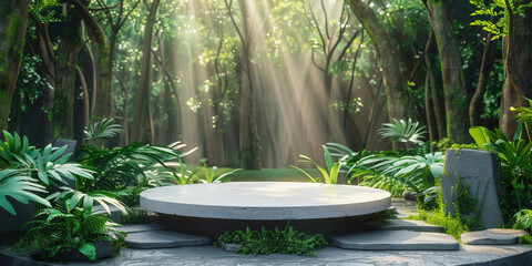Serene forest clearing with sunlight streaming onto a circular stone platform amid lush greenery and towering trees.