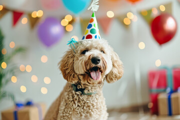 A cheerful cute labradoodle dog in a festive hat. Portrait of a smiling dog on a blurred festive background. Birthday. - obrazy, fototapety, plakaty