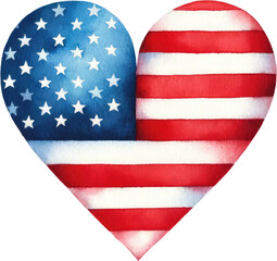 Watercolor Memorial Day Art: Patriotic Clipart for American Holidays & Celebrations. Fourth of July Clipart: Celebrate USA Independence with Watercolor Heart-Shaped American Flag.
