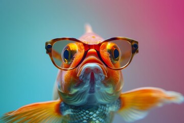 Funny fish wearing sunglasses in studio with a colorful and bright background