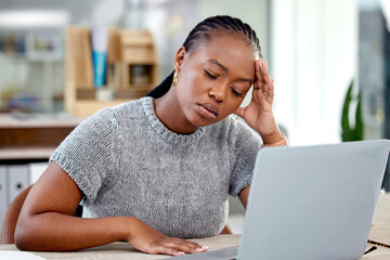 Stress, headache and sick black woman in office with pain, fatigue or burnout by laptop in creative...