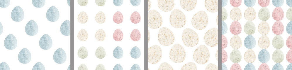 Watercolor set of seamless patterns. Collection of hand drawn pastel Easter eggs