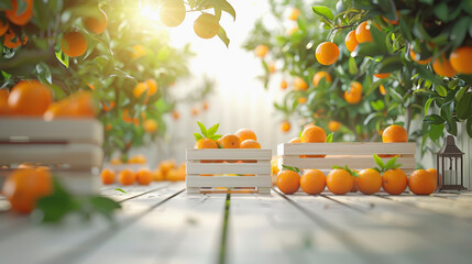 Wooden crates filled with fresh oranges amidst an orange grove with sunlight filtering through the leaves.