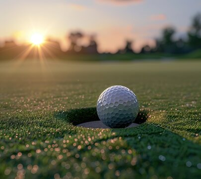 A close up of a golf ball sitting on the edge of a hole with the sun rising in the background.