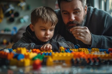 Family and childhood concept. A boy and a man play with legos. Father and son with a constructor. Dad and child build with plastic cubes - obrazy, fototapety, plakaty
