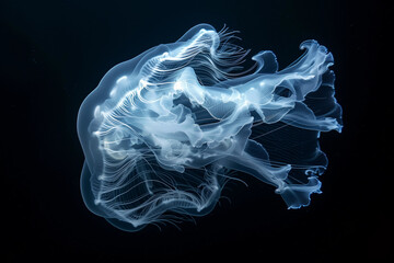 White jellyfish on a black background with a glowing light effect in the style of dark blue and indigo colors - Powered by Adobe