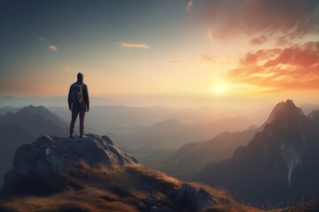 Obraz premium A man standing on top of a mountain as the sun sets. Goals and achievements concept photo composite. Concept vision, Hiker looking mountain and enjoying sunrise. High quality photo