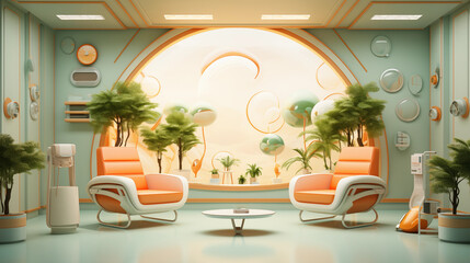 3d illustration visualized health and wellness concept. interior of bright, retro, green to refreshing mind and relaxation. - 794098039